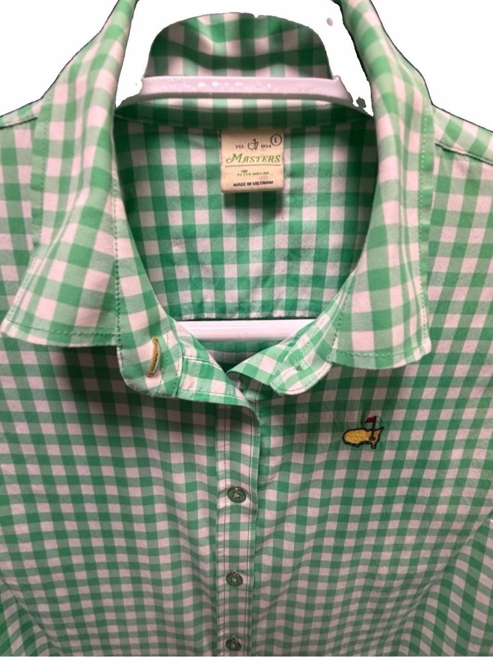 Peter Millar Men's Large Green Gingham Button-Up Shirt with Logo